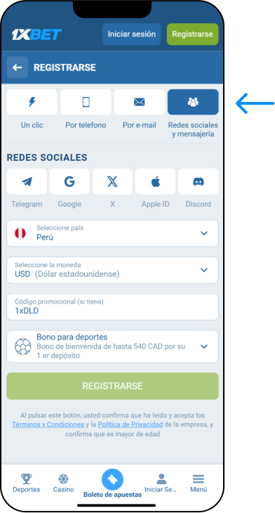 Registro a través de redes sociales - 1xbet Codigo Peru