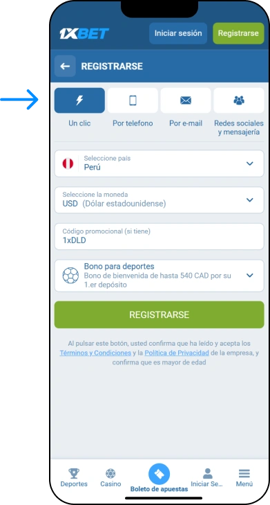 Registro en un clic - 1xbet Codigo Peru